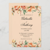 フローラピーチウォーターカラーモダン結婚式招待状 招待状 (正面/裏面)