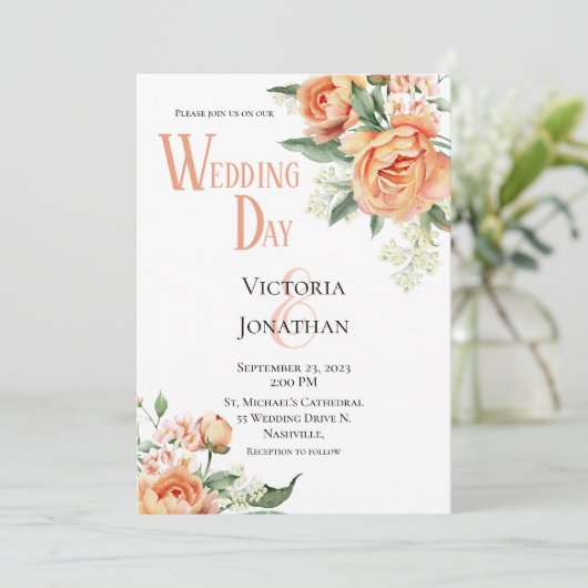 フローラピーチウォーターカラーモダン結婚式招待状 招待状 (スタンド正面)