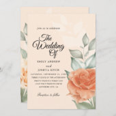 フローラピーチウォーターカラー結婚式招待状 招待状 (正面/裏面)