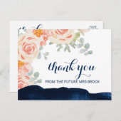 フローラピーチピンクとネイビーの水色ありがとう ポストカード (正面/裏面)