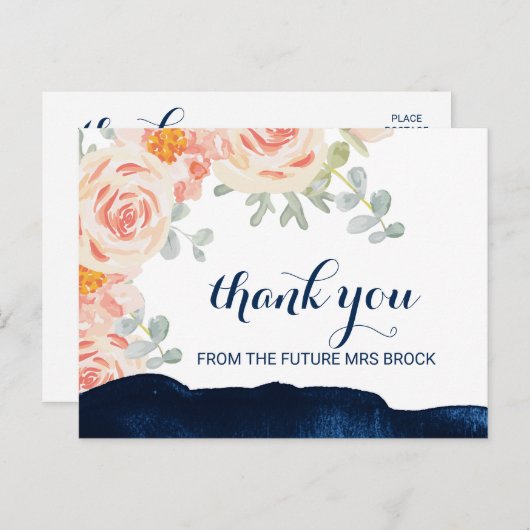フローラピーチピンクとネイビーの水色ありがとう ポストカード (正面/裏面)