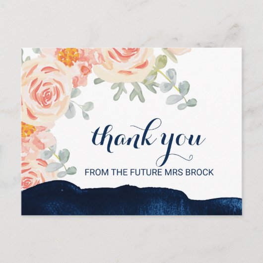 フローラピーチピンクとネイビーの水色ありがとう ポストカード (正面)