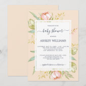 フローラピーチピンクピーニーボホ素朴ベビーシャワー 招待状 (正面/裏面)