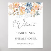 フローラピーチ赤面ブルーブライダルシャワー標識 ポスター (正面)