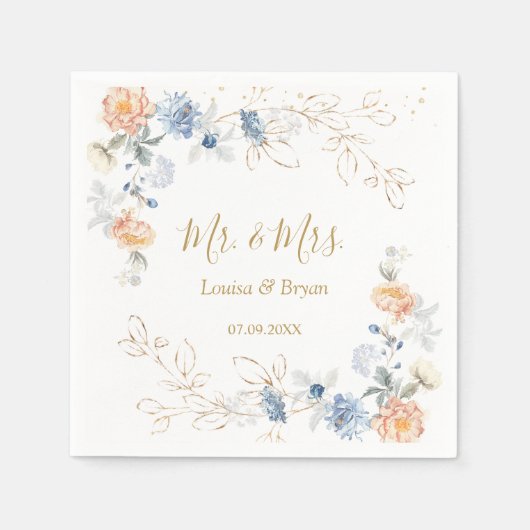 フローラピーチ赤面ブルー結婚ズ スタンダードカクテルナプキン (正面)