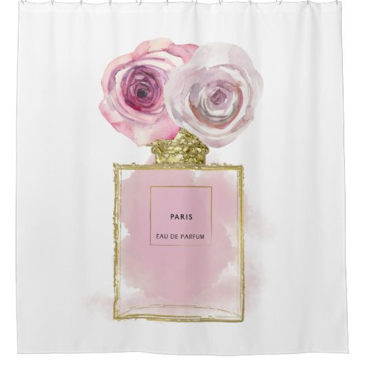 フローラファッション香水ボトルピンクローズ金ゴールドグラム シャワーカーテン (正面)