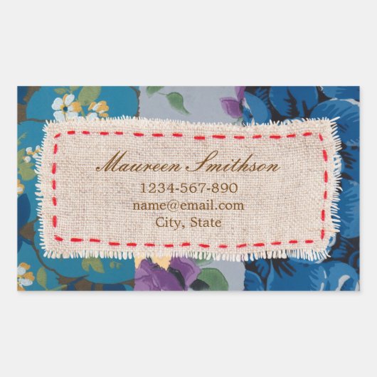 フローラファブリックパッチワーク(青)アドレスステッカー 長方形シール (正面)