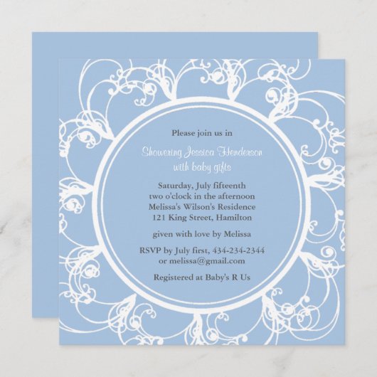 フローラファンシーベビーシャワー招待状(青) 招待状 (正面/裏面)