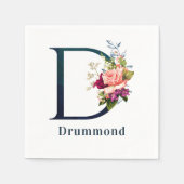 フローラファンシーモノグラムレターDカスタムウェディング スタンダードカクテルナプキン (正面)