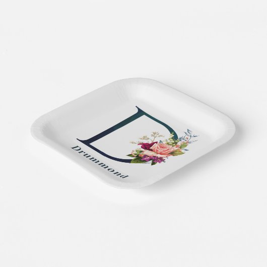 フローラファンシーモノグラムレターDカスタムウェディング ペーパープレート (傾斜あり)