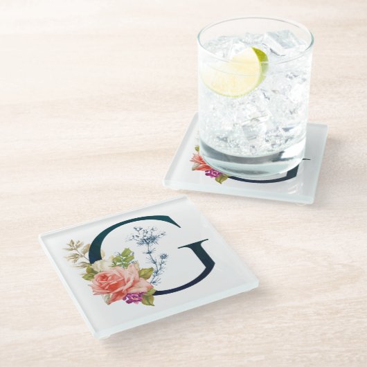 フローラファンシーモノグラム文字G ガラスコースター (アングル)