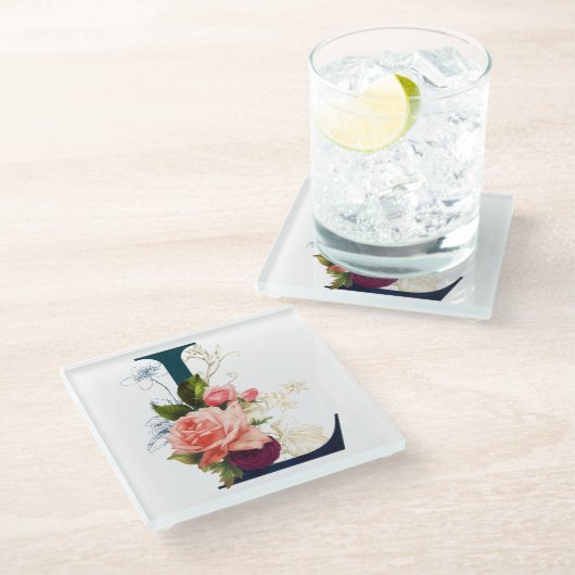 フローラファンシーモノグラム文字L ガラスコースター (アングル)