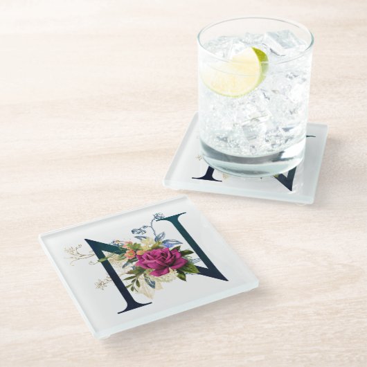 フローラファンシーモノグラム文字N ガラスコースター (アングル)