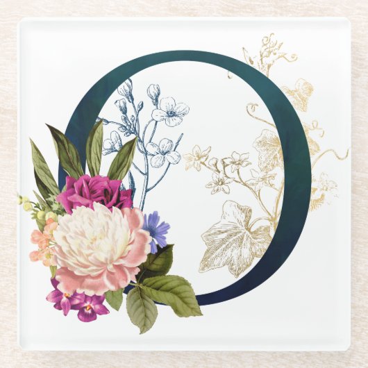 フローラファンシーモノグラム文字O ガラスコースター (正面)