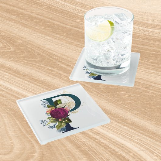 フローラファンシーモノグラム文字P ガラスコースター