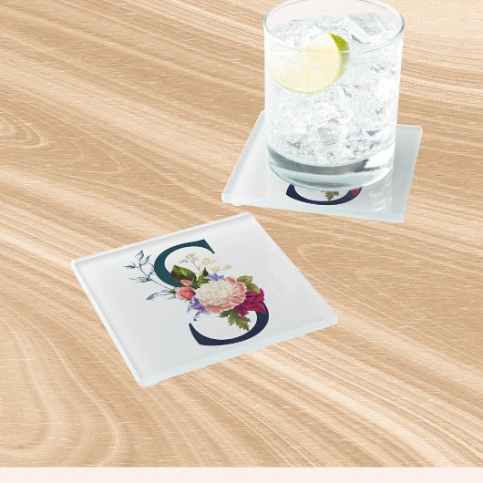 フローラファンシーモノグラム文字S ガラスコースター