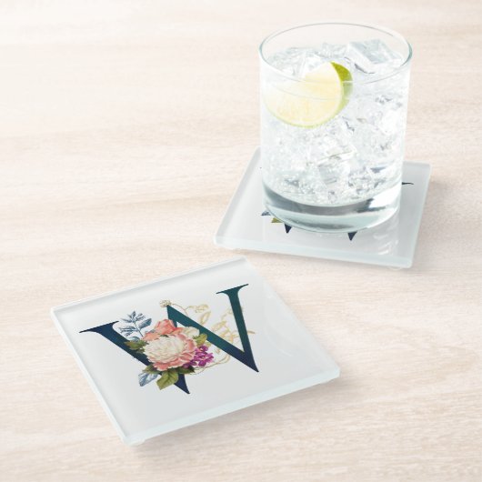 フローラファンシーモノグラム文字W ガラスコースター (アングル)