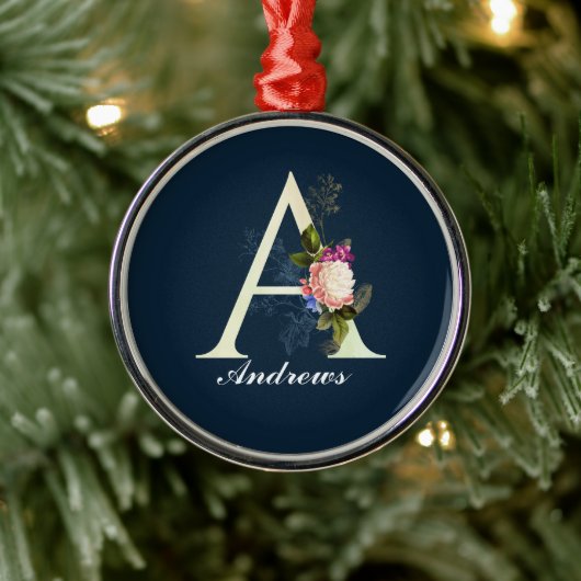 フローラファンシーモノグラムAダークブルー メタルオーナメント (ツリー)
