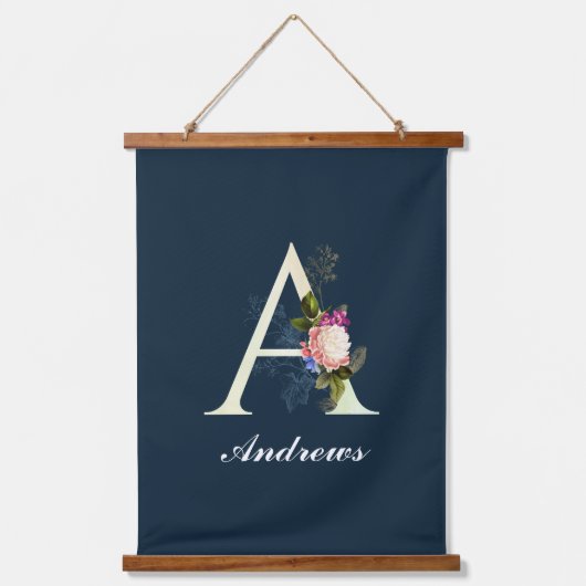フローラファンシーモノグラムAダークブルー 吊り下げ型タペストリー (正面)