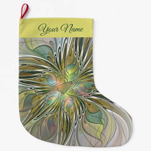 フローラファンタジーモダンフラクタルアートフラワー金ゴールド名 ラージクリスマスストッキング (正面)