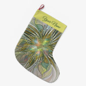 フローラファンタジーモダンフラクタルアートフラワー金ゴールド名 ラージクリスマスストッキング (正面 (吊り時))