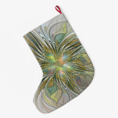 フローラファンタジーモダンフラクタルアートフラワー金ゴールド名 ラージクリスマスストッキング (裏面 (吊り時))