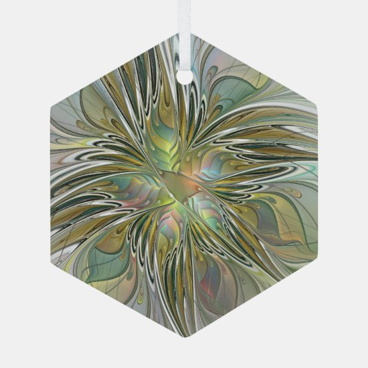 フローラファンタジーモダンフラクタル芸術花金ゴールド ガラスオーナメント (裏面)