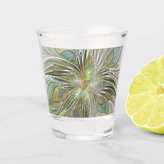 フローラファンタジーモダンフラクタル芸術花金ゴールド ショットグラス (正面)
