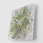 フローラファンタジーモダンフラクタル芸術花金ゴールド スクエア壁時計 (傾斜)