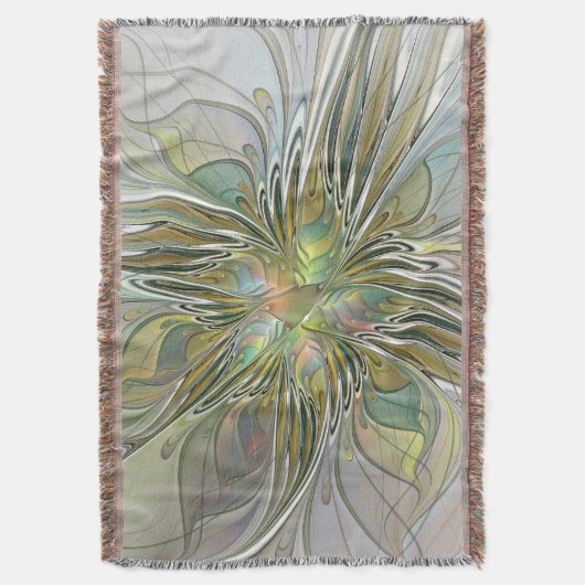 フローラファンタジーモダンフラクタル芸術花金ゴールド スローブランケット (正面縦)