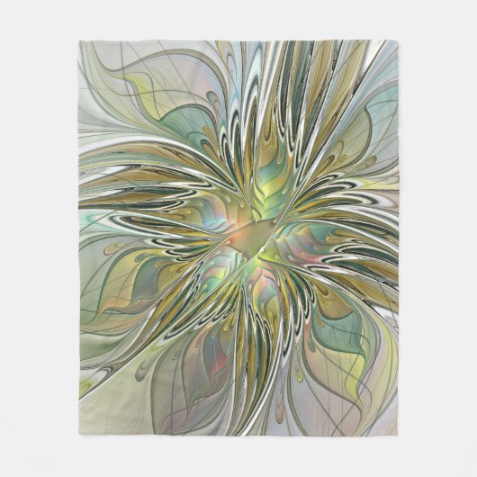フローラファンタジーモダンフラクタル芸術花金ゴールド フリースブランケット (正面)