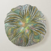 フローラファンタジーモダンフラクタル芸術花金ゴールド ラウンドクッション (裏面)