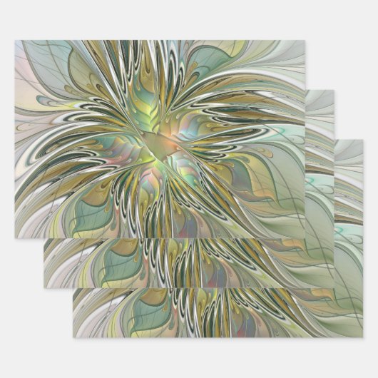 フローラファンタジーモダンフラクタル芸術花金ゴールド ラッピングペーパーシート (セット)