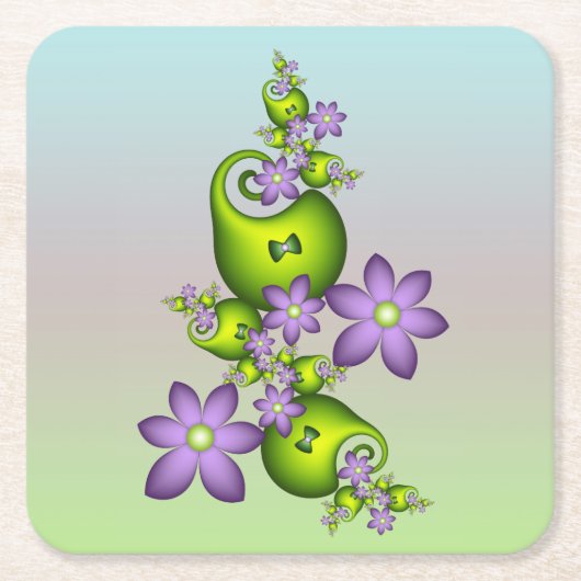 フローラファンタジー薄紫花グリーンシェイプフラクタル スクエアペーパーコースター (正面)
