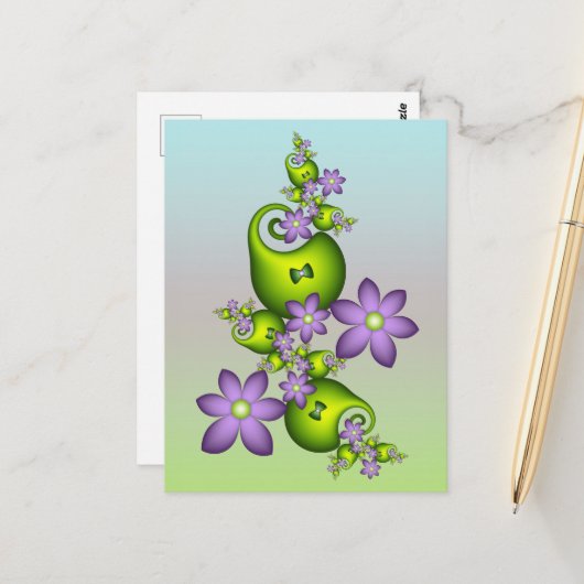 フローラファンタジー薄紫花グリーンシェイプフラクタル ポストカード (正面/裏面インサイチュ)