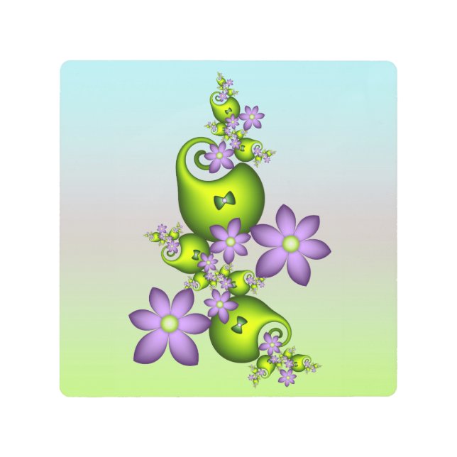 フローラファンタジー薄紫花グリーンシェイプフラクタル メタルプリント (正面)