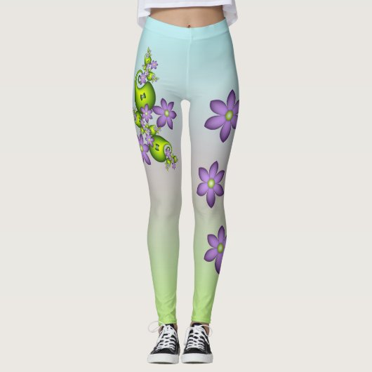 フローラファンタジー薄紫花グリーンシェイプフラクタル レギンス (正面)