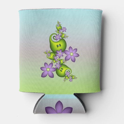 フローラファンタジー薄紫花グリーンシェイプフラクタル 缶クーラー (正面)