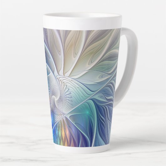 フローラファンタジー、カラフル抽象芸術フラクタル花 カフェラテマグ (右アングル)