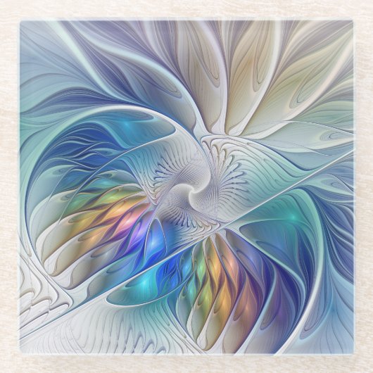 フローラファンタジー、カラフル抽象芸術フラクタル花 ガラスコースター (正面)