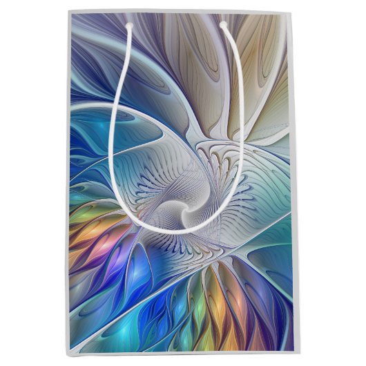 フローラファンタジー、カラフル抽象芸術フラクタル花 ミディアムペーパーバッグ (正面)