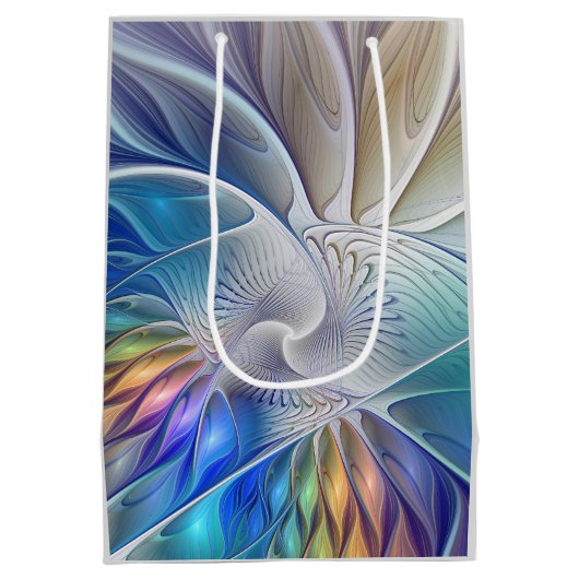 フローラファンタジー、カラフル抽象芸術フラクタル花 ミディアムペーパーバッグ (裏面)