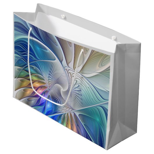 フローラファンタジー、カラフル抽象芸術フラクタル花 ラージペーパーバッグ (正面アングル)