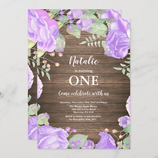 フローラファーストガール素朴誕生日招待状 招待状 (正面/裏面)