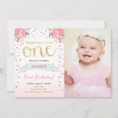 フローラファーストバースデー招待状ガールピンク金ゴールドバラ 招待状 (正面)