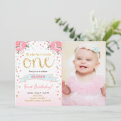 フローラファーストバースデー招待状ガールピンク金ゴールドバラ 招待状 (スタンド正面)