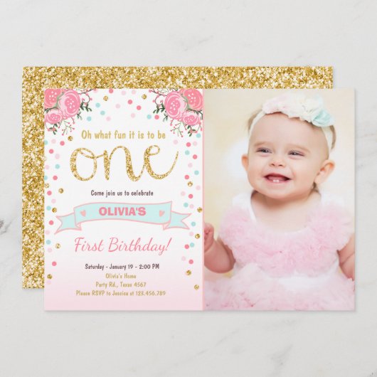 フローラファーストバースデー招待状ガールピンク金ゴールドバラ 招待状 (正面/裏面)