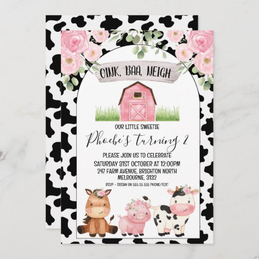フローラファームと牛プリントとアーチ誕生日 招待状 (正面/裏面)