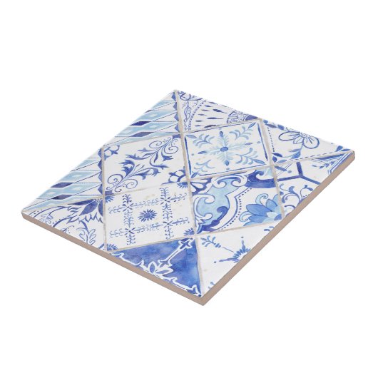 フローラファームハウスブルーホワイトヴィンテージ タイル (側面)