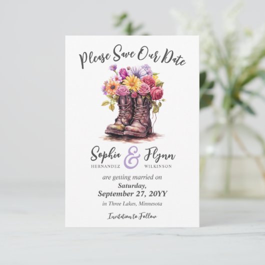 フローラファームブーツ素朴カントリーウェディング セーブザデート (スタンド正面)